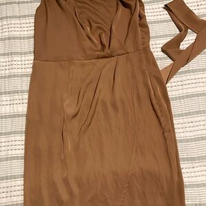 Satin Wrap Midi Dress in Caramel Brown